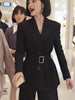 Women's Slim Fit Long Sleeve Single Row Multiple Buckle Jacket Office Wind Style for Work in Black