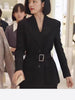 Women's Slim Fit Long Sleeve Single Row Multiple Buckle Jacket Office Wind Style for Work in Black