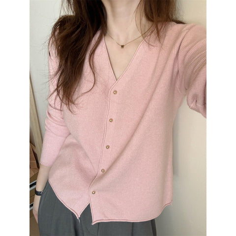 Women's Regular Fit Core Yarn Solid Color V-neck Long Sleeve Single Row Multiple Buckles Cardigan for Spring in Black