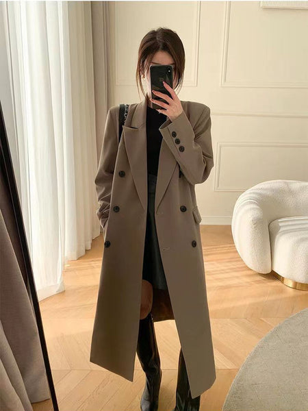 Women's Elegant Double Breasted Suit Collar Long Sleeve Trench Jacket with Pockets for Spring and Fall Everyday Wear