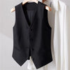 Women's Regular Fit Collarless Polyester Solid Color Vest with Single Row Multiple Buckles and Pocket for Fall Layering in Black