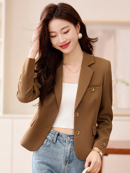 Women's Slim Fit Polyester Solid Color Suit Collar Long Sleeve Single Breasted Two Button Jacket with Pockets for Office in Autumn