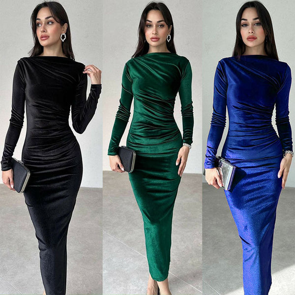 Women's Velvet-Style Bodycon Dress, Draped Neckline, Long Sleeves and Ruched Sides