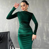 Women's Velvet-Style Bodycon Dress, Draped Neckline, Long Sleeves and Ruched Sides