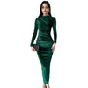 Women's Velvet-Style Bodycon Dress, Draped Neckline, Long Sleeves and Ruched Sides