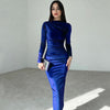 Women's Velvet-Style Bodycon Dress, Draped Neckline, Long Sleeves and Ruched Sides