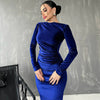 Women's Velvet-Style Bodycon Dress, Draped Neckline, Long Sleeves and Ruched Sides