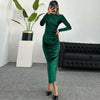Women's Velvet-Style Bodycon Dress, Draped Neckline, Long Sleeves and Ruched Sides