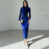 Women's Velvet-Style Bodycon Dress, Draped Neckline, Long Sleeves and Ruched Sides