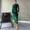 Women's Velvet-Style Bodycon Dress, Draped Neckline, Long Sleeves and Ruched Sides