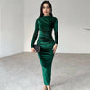 Women's Velvet-Style Bodycon Dress, Draped Neckline, Long Sleeves and Ruched Sides