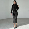 Women's Velvet-Style Bodycon Dress, Draped Neckline, Long Sleeves and Ruched Sides
