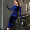 Women's Velvet-Style Bodycon Dress, Draped Neckline, Long Sleeves and Ruched Sides