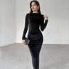 Women's Velvet-Style Bodycon Dress, Draped Neckline, Long Sleeves and Ruched Sides