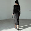 Women's Velvet-Style Bodycon Dress, Draped Neckline, Long Sleeves and Ruched Sides