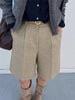 Women's Regular Fit Thickened Woolen Solid Color Casual Bermuda Pants for Fall Winter in Black Khaki