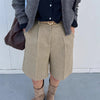 Women's Regular Fit Thickened Woolen Solid Color Casual Bermuda Pants for Fall Winter in Black Khaki