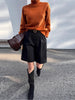 Women's Regular Fit Thickened Woolen Solid Color Casual Bermuda Pants for Fall Winter in Black Khaki