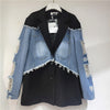 Women's Loose Fit Autumn Denim Color Block Jacket with Suit Collar Long Sleeves and Single Row Two Buttons for Casual Wear in Black