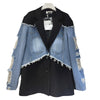 Women's Loose Fit Autumn Denim Color Block Jacket with Suit Collar Long Sleeves and Single Row Two Buttons for Casual Wear in Black