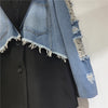 Women's Loose Fit Autumn Denim Color Block Jacket with Suit Collar Long Sleeves and Single Row Two Buttons for Casual Wear in Black
