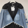 Women's Loose Fit Autumn Denim Color Block Jacket with Suit Collar Long Sleeves and Single Row Two Buttons for Casual Wear in Black
