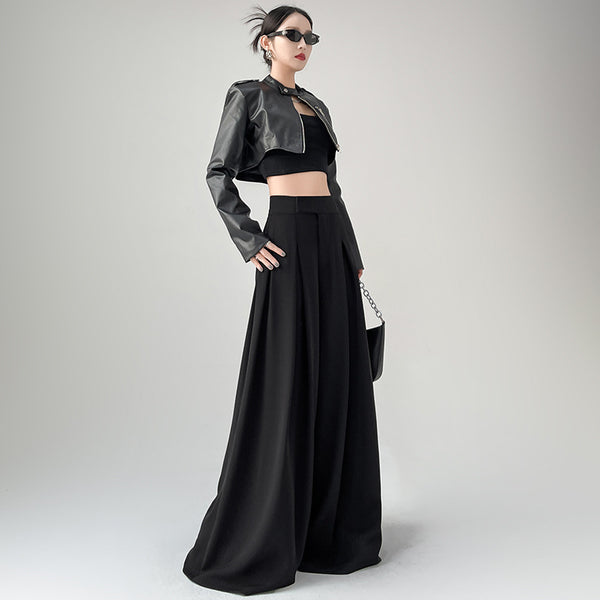 Women's Chenille Wide Leg Pants with Pockets Casual High Rise Flowy Floor Length Trousers for Spring in Solid Color