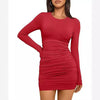 Women's Bodycon Mini Dress, Round Neck, Long Sleeves and Ruched Waist