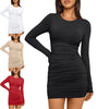 Women's Bodycon Mini Dress, Round Neck, Long Sleeves and Ruched Waist