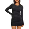 Women's Bodycon Mini Dress, Round Neck, Long Sleeves and Ruched Waist