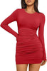Women's Bodycon Mini Dress, Round Neck, Long Sleeves and Ruched Waist