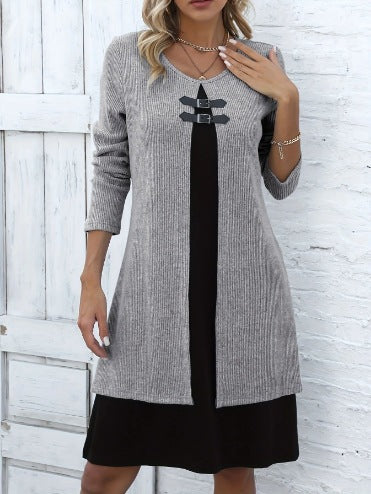 Women's Sweater Dress, Contrast Panels, Decorative Buttons and Layered Look