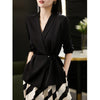 Women's Slim Fit Polyester Solid Color Suit Collar Long Sleeve Tie-Up Office Blazer for Autumn in Elegant French Style