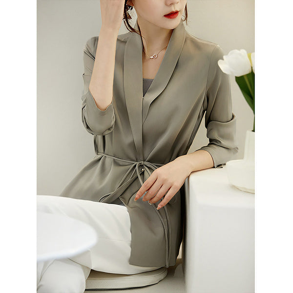 Women's Slim Fit Polyester Solid Color Suit Collar Long Sleeve Tie-Up Office Blazer for Autumn in Elegant French Style