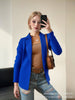 Women's Slim Fit Lapel Collar Nine-Quarter Sleeve Polyester Casual Blazer Jacket for Urban Spring Outfits in White Black Blue Gray