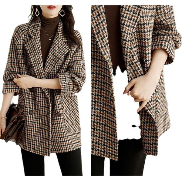 Women's Loose Fit Houndstooth Polyester Dress with Suit Collar Long Sleeves Double-Breasted and Pocket for Office Winter in Brown