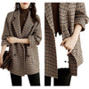 Women's Loose Fit Houndstooth Polyester Dress with Suit Collar Long Sleeves Double-Breasted and Pocket for Office Winter in Brown