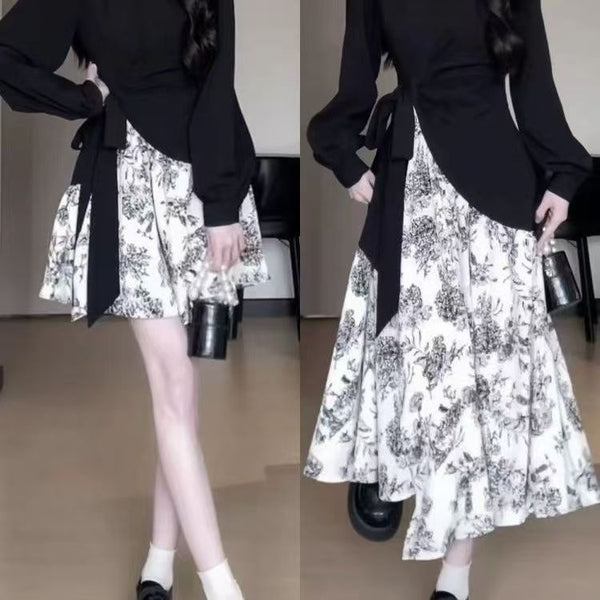 Women's Long-Sleeve Dress, Contrast Bodice and Ink-Print Asymmetric Skirt