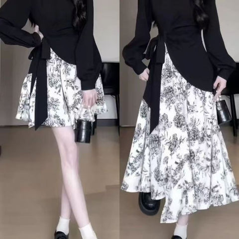 Women's Long-Sleeve Dress, Contrast Bodice and Ink-Print Asymmetric Skirt