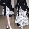 Women's Long-Sleeve Dress, Contrast Bodice and Ink-Print Asymmetric Skirt