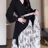 Women's Long-Sleeve Dress, Contrast Bodice and Ink-Print Asymmetric Skirt