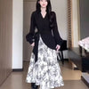 Women's Long-Sleeve Dress, Contrast Bodice and Ink-Print Asymmetric Skirt