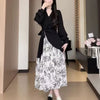 Women's Long-Sleeve Dress, Contrast Bodice and Ink-Print Asymmetric Skirt