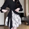 Women's Long-Sleeve Dress, Contrast Bodice and Ink-Print Asymmetric Skirt