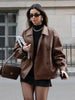 Women's Loose Fit Double Breasted Synthetic Leather Jacket with Suit Collar Long Sleeves and Buttons for Winter Office in Black Brown