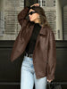 Women's Loose Fit Double Breasted Synthetic Leather Jacket with Suit Collar Long Sleeves and Buttons for Winter Office in Black Brown