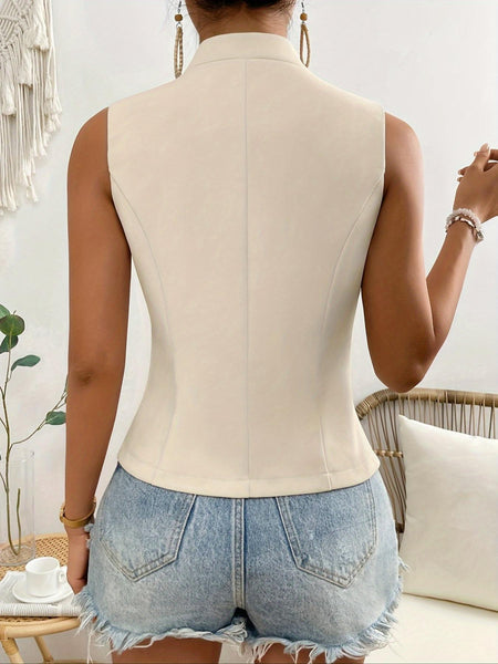 Women's Slim Fit Polyester Solid Color V-Neck Single Breasted Button Style Vest for Summer in Apricot Black White