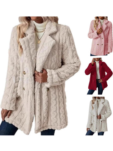 Women's Textured Long Coat, Plush Trim, Lapel Collar and Double-Breasted Front