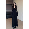Women's Black Long Dress, V-Neck, Flared Long Sleeves and Shaped Waist