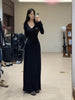 Women's Black Long Dress, V-Neck, Flared Long Sleeves and Shaped Waist